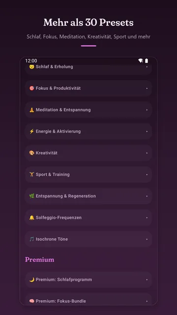 Liste der Preset-Kategorien von „Schlaf & Erholung“ bis „Isochrone Töne“, darunter die Premium-Programme.