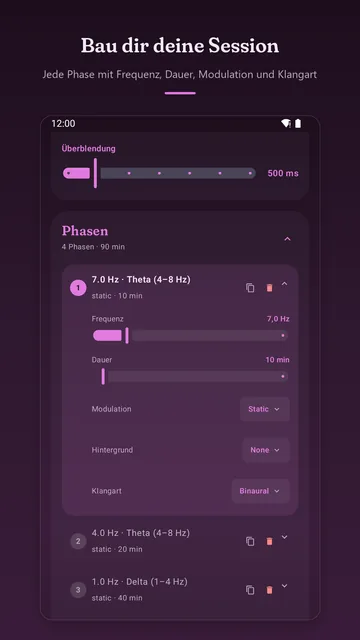 Phasen-Editor: erste Phase mit 7 Hz Theta und 10 Minuten, Regler für Frequenz und Dauer, Auswahl von Modulation, Hintergrund und Klangart.