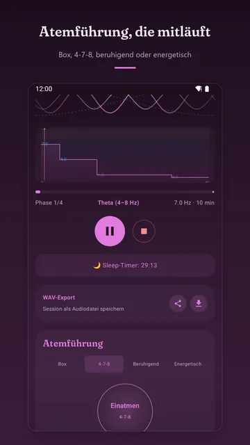 Laufende Session mit Sleep-Timer und Atemführung im Muster 4-7-8, ein Kreis zeigt „Einatmen“.