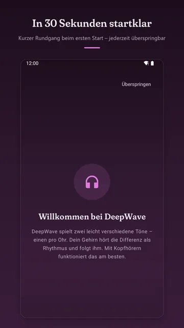 Begrüßung beim ersten Start mit Kopfhörer-Symbol und kurzer Erklärung, oben der Knopf „Überspringen“.