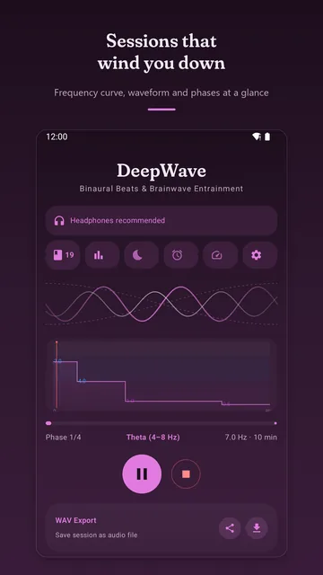 Main screen: two interlaced waves, below them the frequency curve of a four-phase session and the round pause button.