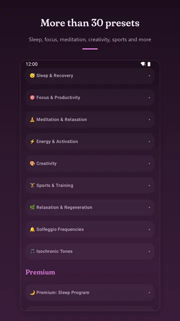 List of preset categories from “Sleep & Recovery” to “Isochronic Tones”, followed by the premium programs.