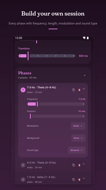 Phase editor: first phase at 7 Hz theta for 10 minutes, sliders for frequency and duration, choices for modulation, background and sound type.