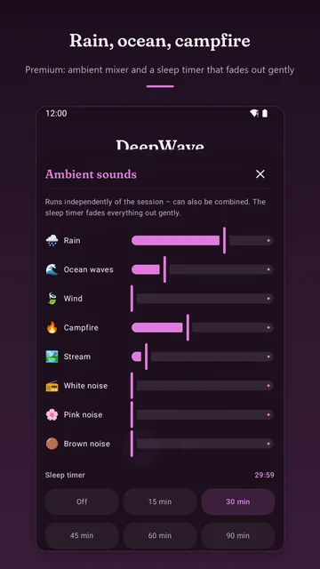 Ambient mixer with sliders for rain, ocean waves, wind, campfire, stream and three noise colors, below it the sleep timer set to 30 minutes.