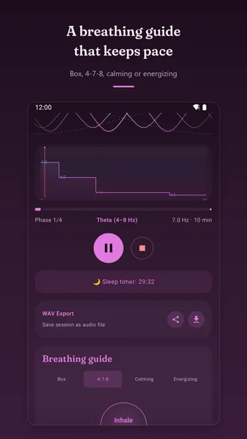 Running session with sleep timer and the breathing guide in the 4-7-8 pattern, a circle reads “Inhale”.